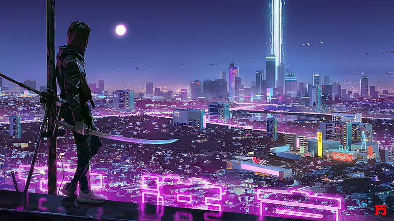 Wallpaper girl, the city, cyberpunk for mobile and desktop, section  фантастика, resolution 2304x1536 - download