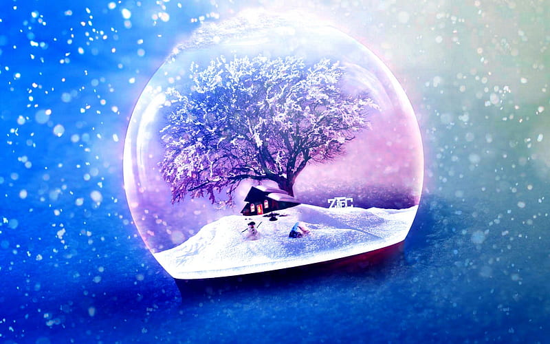 SNOW BALL, glass bowl, tree, house, snow, toy, snowman, HD wallpaper