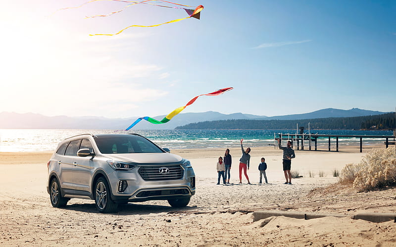 Hyundai Santa Fe, 2018 SUV, silver Santa Fe, new cars, beach, sand, Hyundai, USA, HD wallpaper