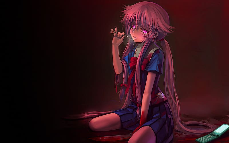 pink hair, long hair, pink eyes, anime, anime girls, Mirai Nikki, Gasai  Yuno, Amano Yukiteru, red background, cellphone, anime boys, flip phones