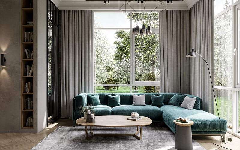 stylish living room interior design, green sofa, loft style, gray walls in the living room, modern interior design, HD wallpaper