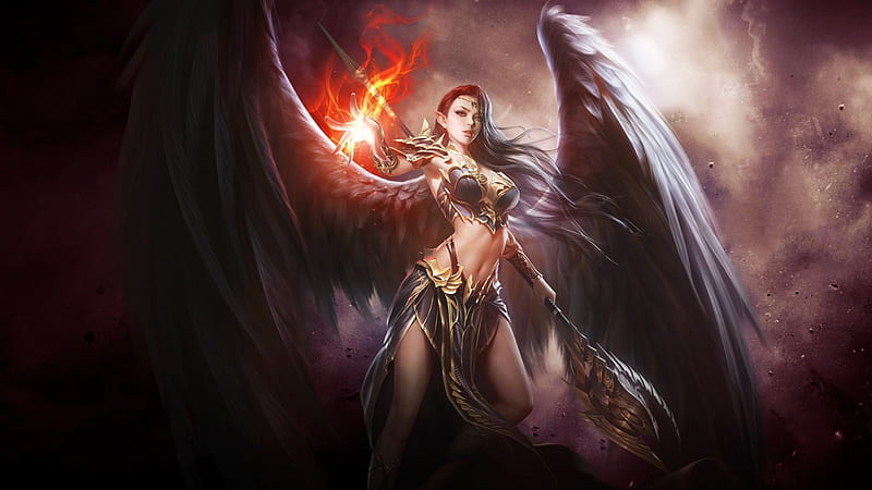 Dark Angel, fire, wings, angel, dark, sorceress, bonito, HD wallpaper