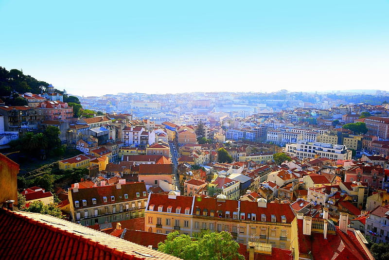 beautifully colored old lisbon portugal, colors, hills, city, haze, HD wallpaper