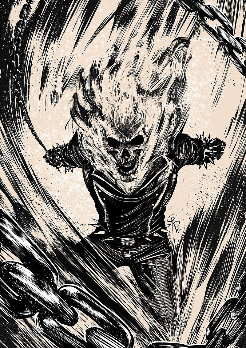 Ghost Rider, drawing, antiheroes, monochrome, fire, skull, chains, HD phone wallpaper