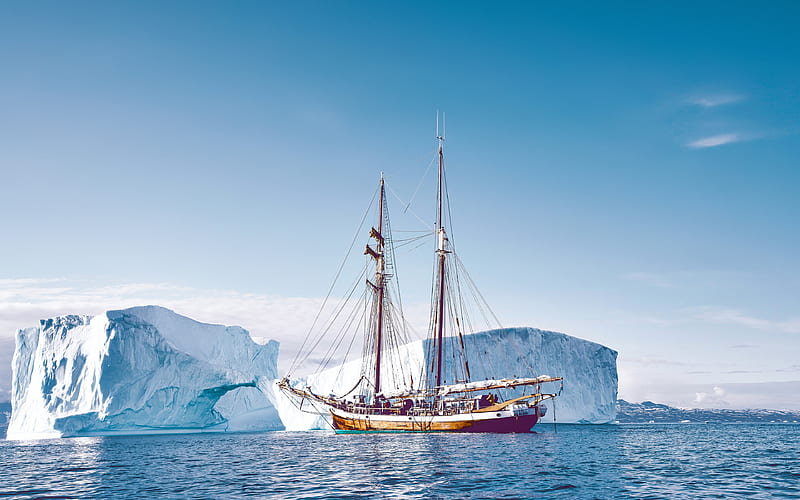 Sailing ship travel greenland icebergs, HD wallpaper