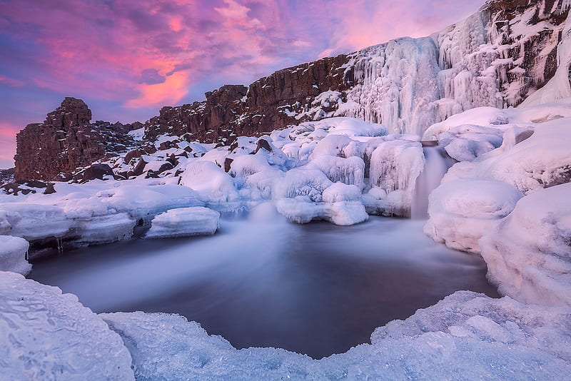 Earth, Winter, Ice, Iceland, National Park, River, Rock, Sunset, Waterfall, HD wallpaper