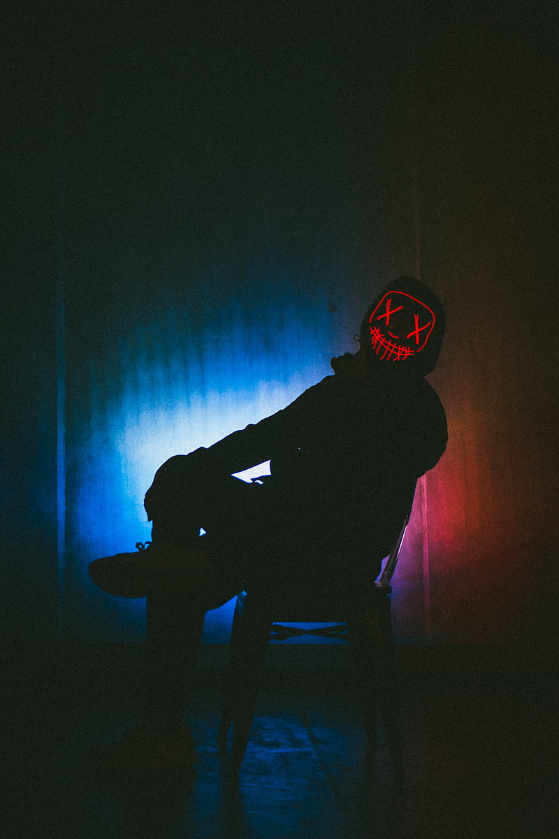 man, silhouette, mask, neon, dark, HD phone wallpaper