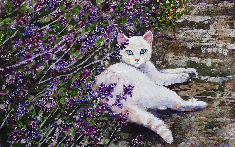 In the garden, art, cat, animal, purple, painting, flower, garden, white, pink, HD wallpaper