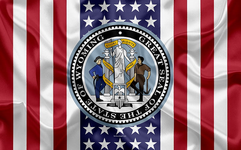 Wyoming, USA American state, Seal of Wyoming, silk texture, US states, emblem, states seal, American flag, HD wallpaper