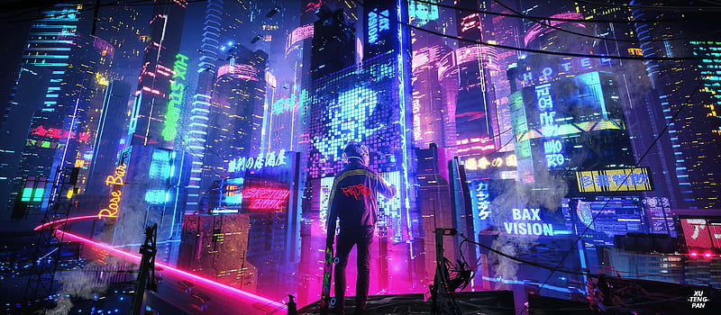 Neon City Pan , neon, artist, artwork, digital-art, artstation, HD wallpaper