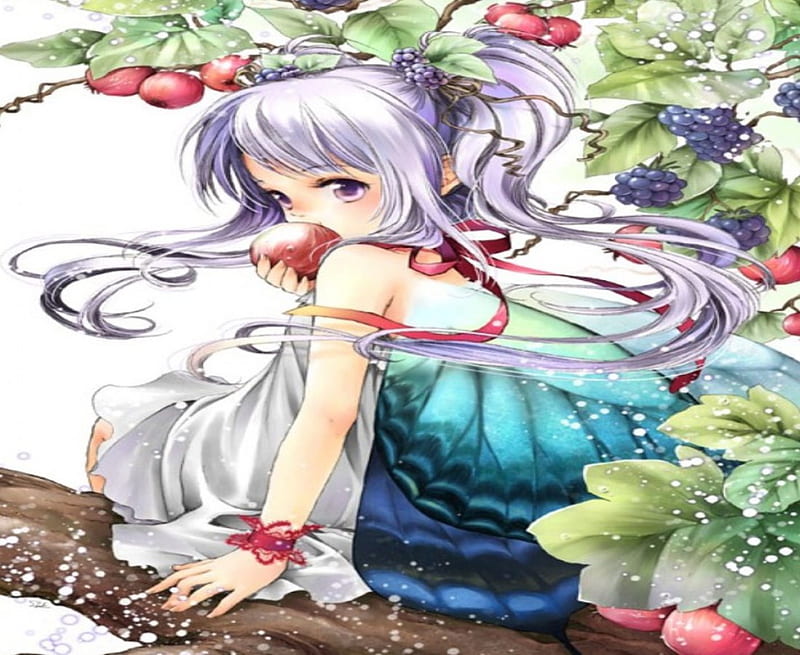 Fairy Princess, red, pretty, dress, cherries, bonito, ribbons, woman, sweet, fruit, green, anime, flowers, beauty, long hair, fairy, blue, female, wings, lovely, cute, tree, girl, nature, lady, white, princess, HD wallpaper