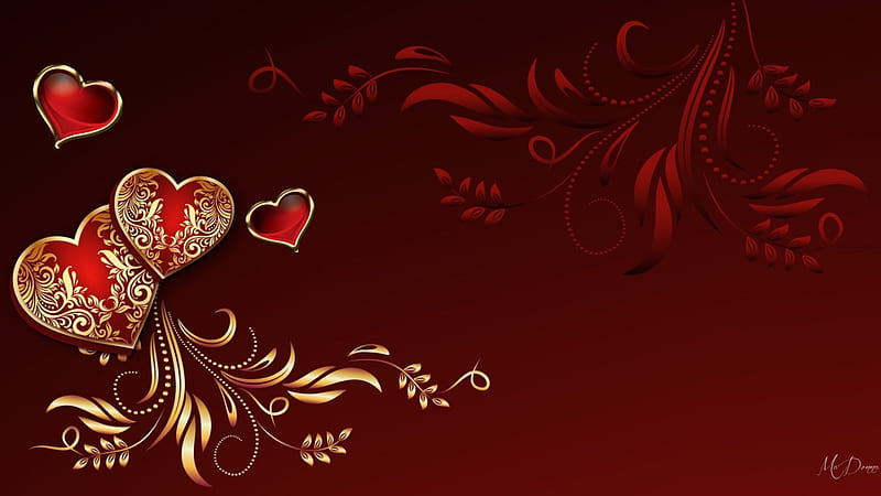 Valentine for You, red, Valentines Day, gold, romantic, corazones, HD wallpaper