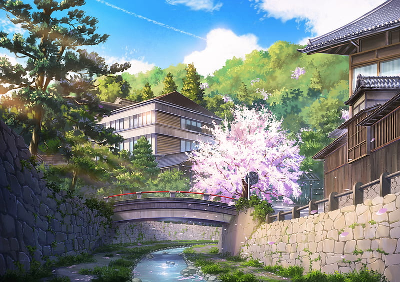 anime landscape, cherry blossom, canal, bridge, scenic, Anime, HD wallpaper