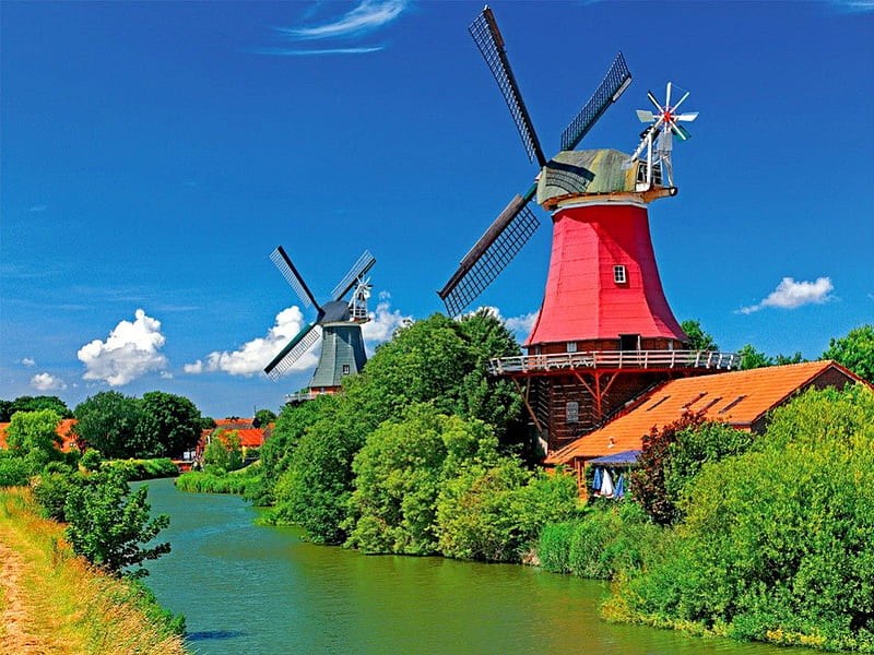 Summer windmills, stream, pretty, colorful, windmill, shore, grass, mill, bonito, clouds, countryside, nice, calm, bank, river, lovely, wind, greenery, creek, sky, serenity, peaceful, summer, nature, HD wallpaper