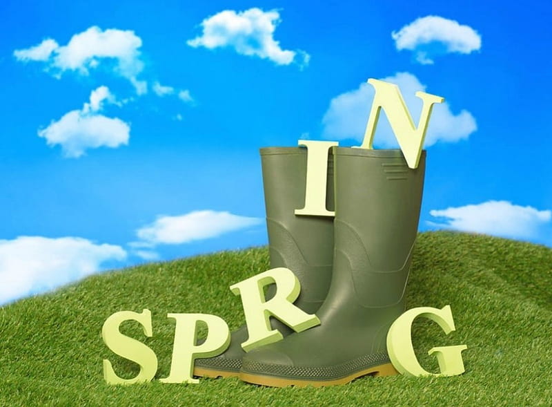 Spring boots, skies, cloud, boots, grass, spring, HD wallpaper