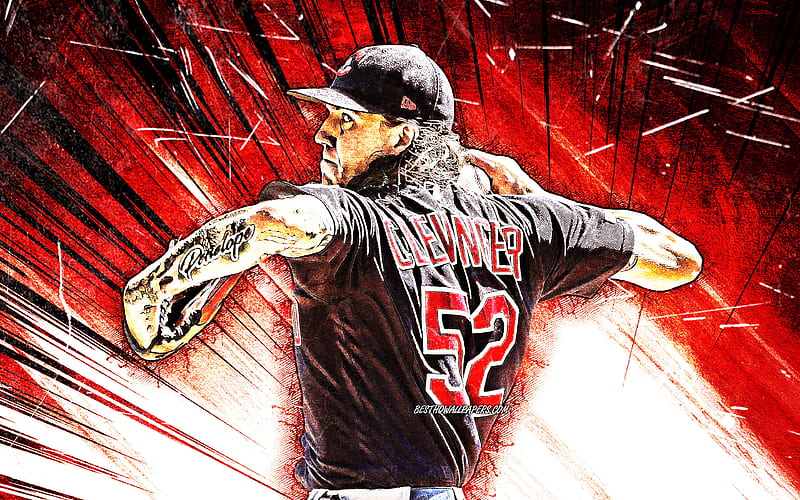 Mike Clevinger, grunge art, MLB, Cleveland Indians, Sunshine, pitcher, baseball, Francisco Miguel Lindor, Major League Baseball, red abstract rays, Mike Clevinger Cleveland Indians, Mike Clevinger, HD wallpaper