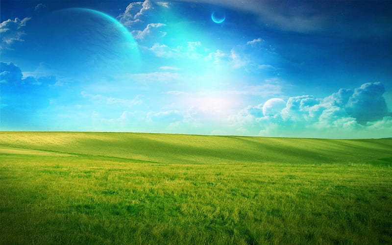 Other world, green, fields, Planets, clouds, blue, HD wallpaper