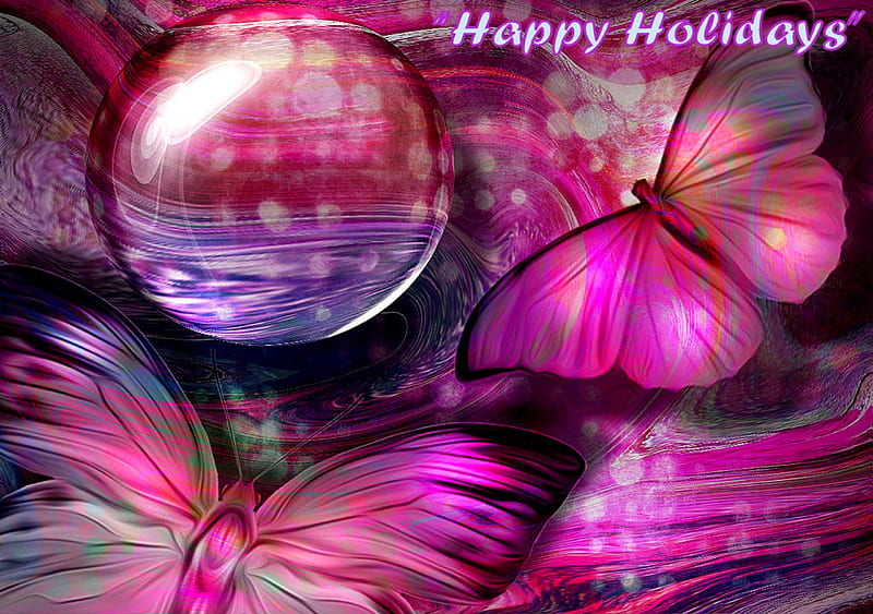 ★Happy Holidays Pink Butterflies★, exotic, conceptual, colors, love four seasons, butterflies, creative pre-made, digital art, xmas and new year, glass, bokeh, cool, mixed media, collages, happy holidays, butterfly designs, pink, HD wallpaper
