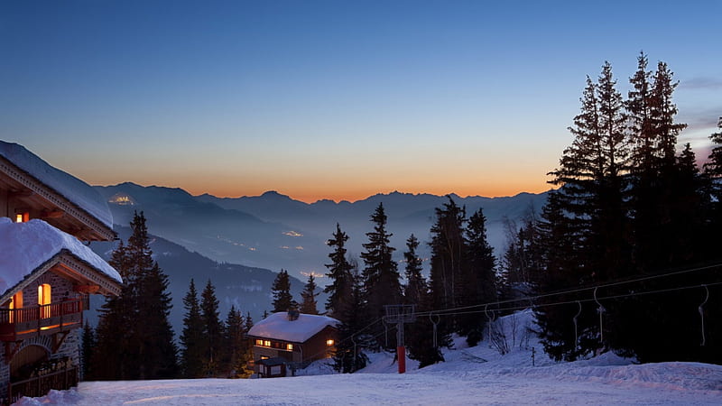 morning on mountain ski chalets, ski lift, mountains, morning, chalets, trees, winter, HD wallpaper