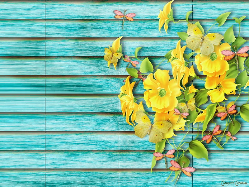 Flower Shutter, pretty, wings, yellow, bonito, butterflies, spring, leaves, green, dragonflies, summer, flowers, white, blue, HD wallpaper