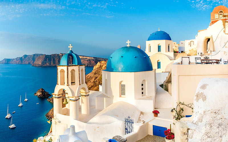 Oia, Santorini, Greece, church, blue domes, romantic places, island, Aegean Sea, HD wallpaper