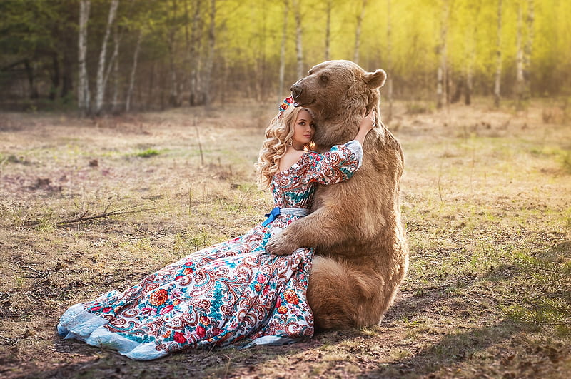Bear Hug, woods, sunlight, bear, trees, sweet, grass, model, girl ...
