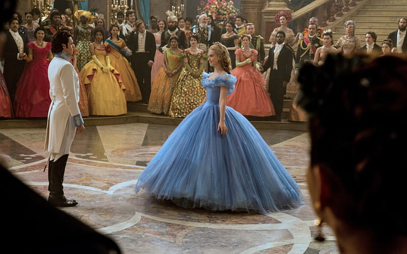 Cinderella (2015), Cinderella, Lily James, dress, Richard Madden, movie, man, woman, fantasy, girl, actress, people, love, couple, actor, disney, blue, HD wallpaper