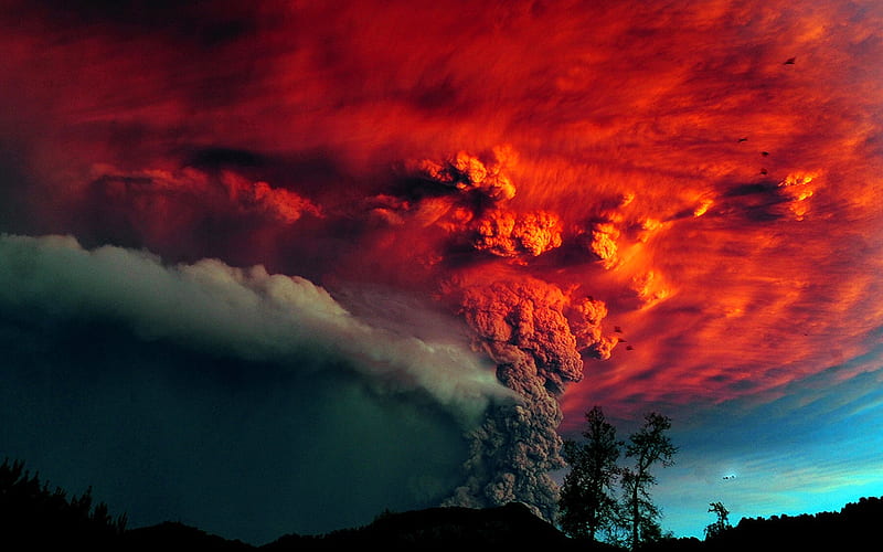 VOLCANO ERUPTION, disaster, flame, ash, trees, red sky, HD wallpaper