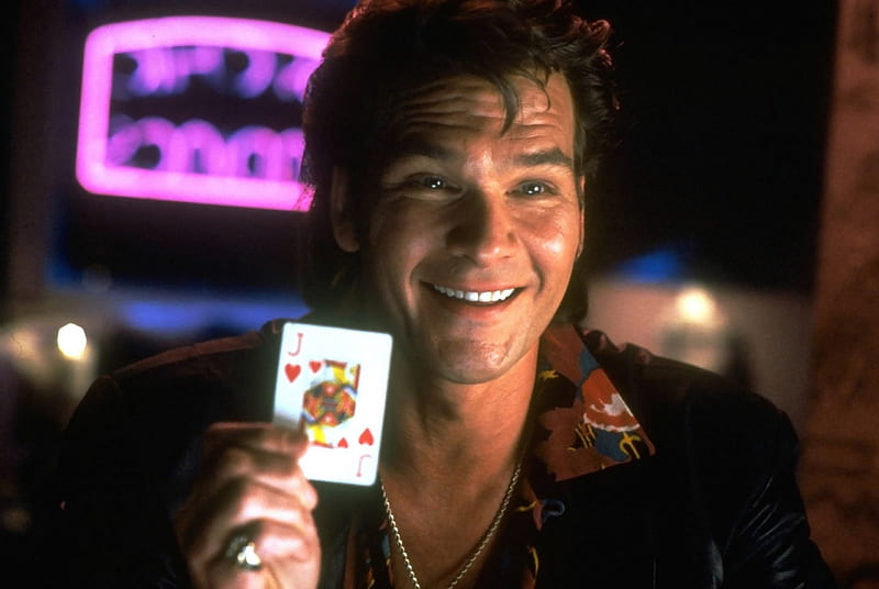 Patrick Swayze, father hood, playing card, movie, black, man, smile, pink, actor, HD wallpaper