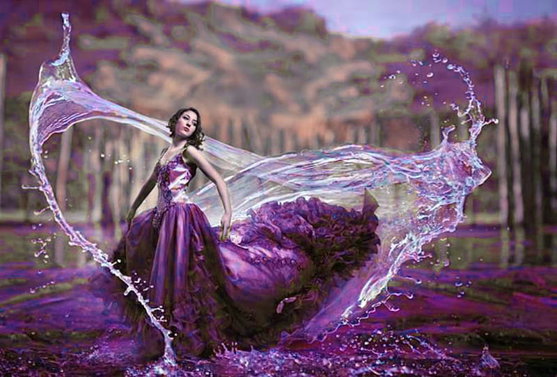 Beautifully Purple, water, dress, purple, splashing, lady, HD wallpaper