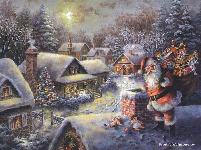 A Christmas Scene, christmas, bag, trees, winter, santa, snow, santa clause, toys, chimney, HD wallpaper