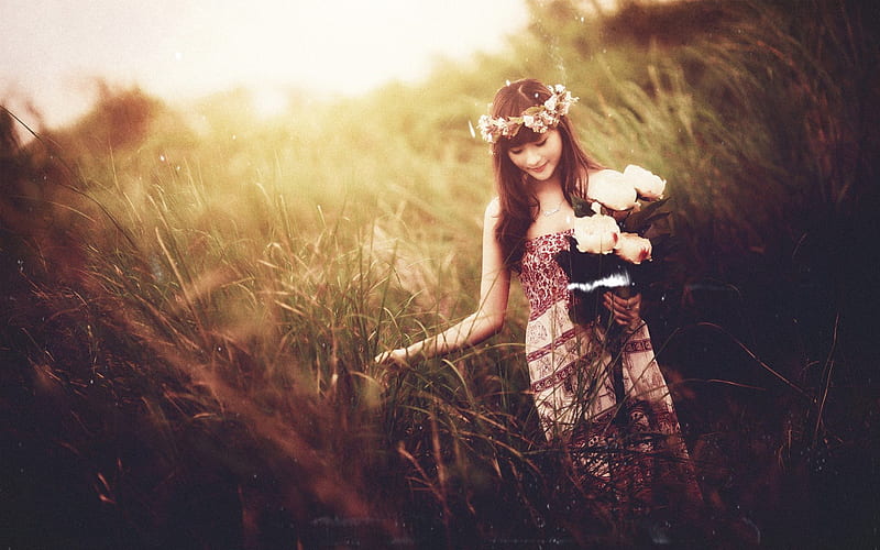 girl in field mood, flower, asian, grass, outdoor, HD wallpaper