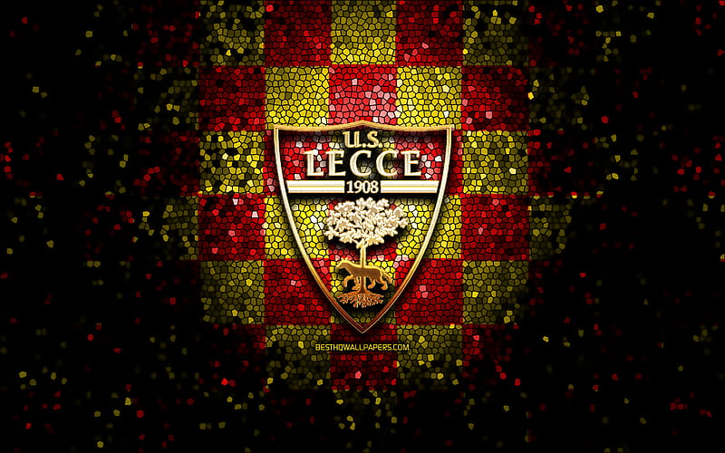 Lecce FC, glitter logo, Serie A, red white checkered background, soccer, US Lecce, italian football club, Lecce logo, mosaic art, football, Italy, HD wallpaper