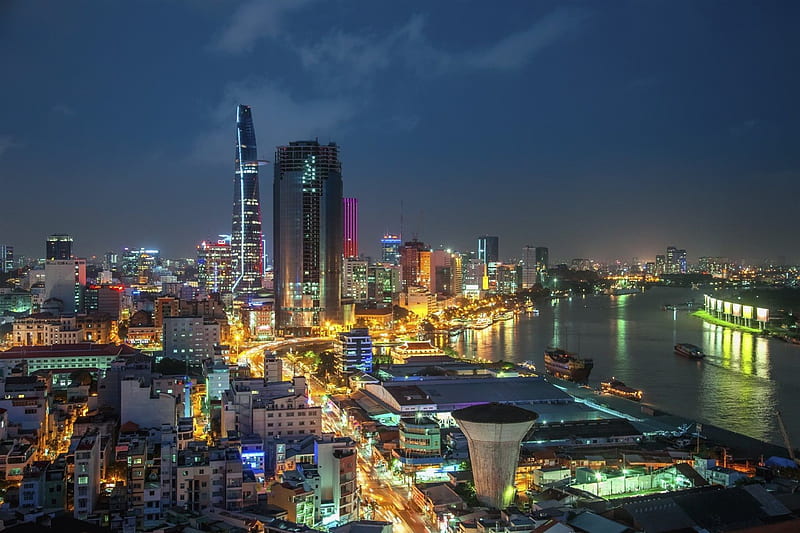 megapolis, skyscrapers, panorama, city, night, vietnam, HD wallpaper