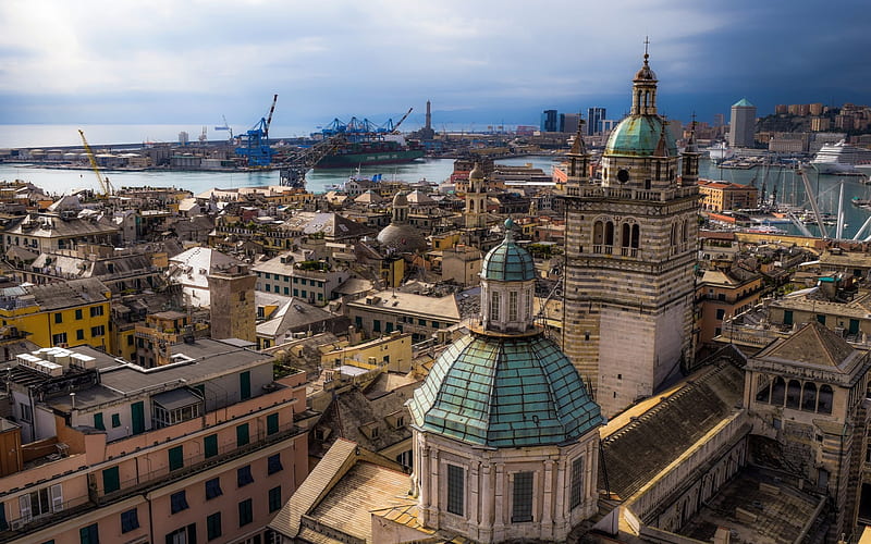 Genoa, Centro Congressi, Liguria, Italy, Ligurian Sea, seaport, old houses, container ships, HD wallpaper
