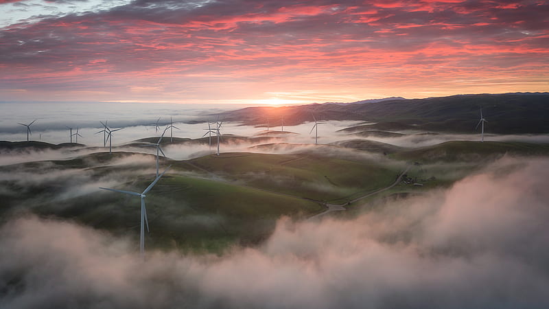 Wind Turbine With Fog And Mountains Under Red Black Clouds Sky During Sunset Nature, HD wallpaper
