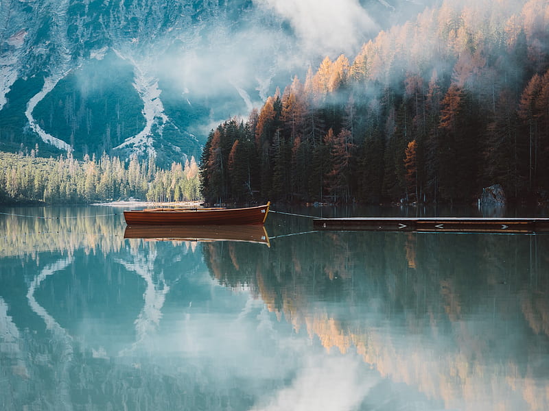 boat, mountains, lake, trees, autumn, HD wallpaper