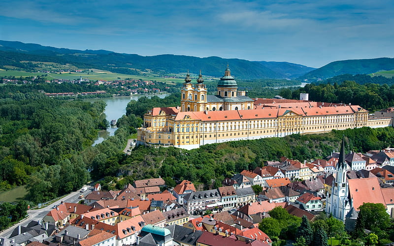 Melk Abbey, Benedictine abbey, monastery, Melk cityscape, summer, landmark, Melk, Lower Austria, Austria, HD wallpaper