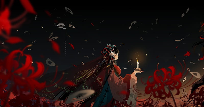 candle, red, miemia, girl, anime, manga, black, spider lily, kimono, HD  wallpaper | Peakpx