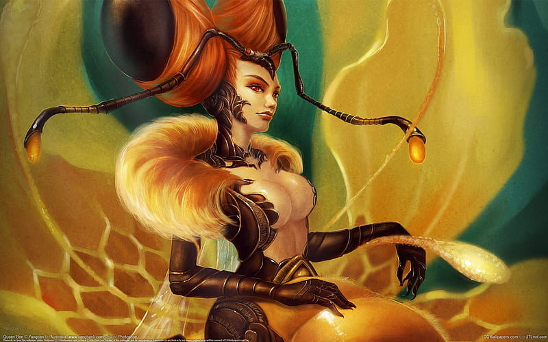 The Queen Bee, bee, queen, art, fantasy, yellow, HD wallpaper