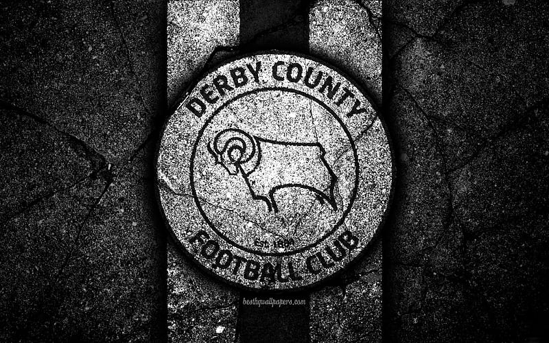 Derby County FC, logo, EFL Championship, black stone, football club, England, Derby County, soccer, emblem, asphalt texture, FC Derby County, HD wallpaper