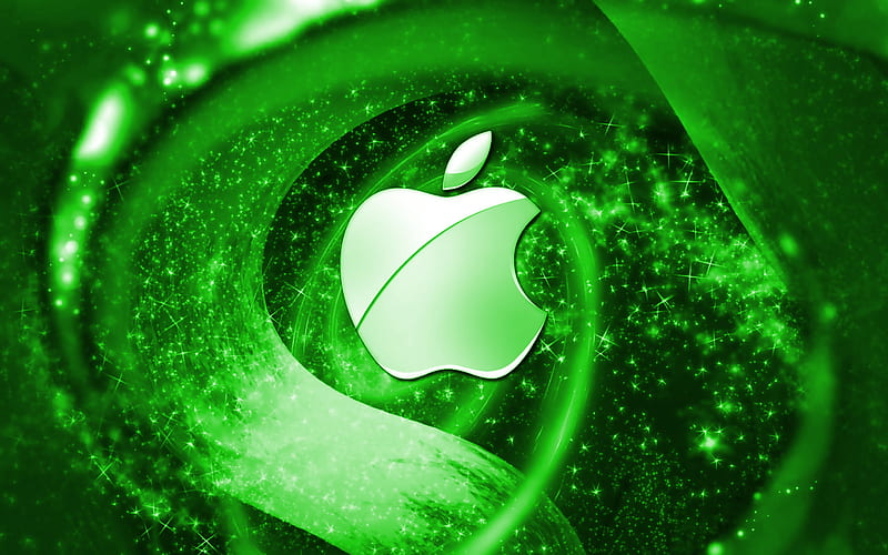 Apple green logo, space, creative, Apple, stars, Apple logo, digital art, green background, HD wallpaper
