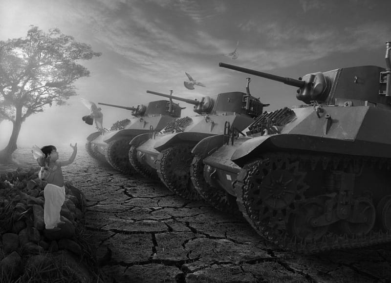 No war, Black and white, Pigeons, Tanks, Child, HD wallpaper