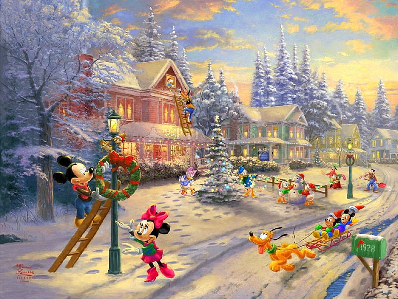 Mickey's Victorian Christmas, winter, Christmas, villages, holidays, Disney, Christmas Tree, houses, love four seasons, Minnie Mouse, Mickey Mouse, snowman, xmas and new year, paintings, snow, HD wallpaper