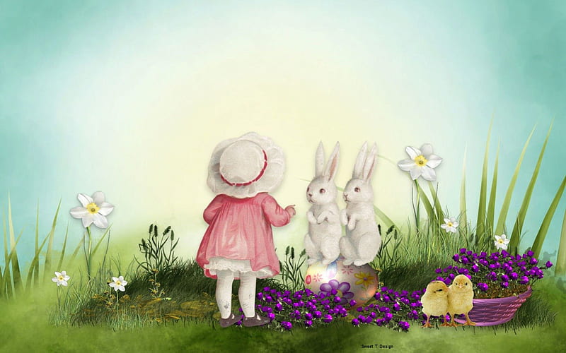 Egg Sitting, easter eggs, yellow, easter, spring, rabbite, girl, green, purple, flowers, garden, bunny, chicks, white, pink, blue, HD wallpaper