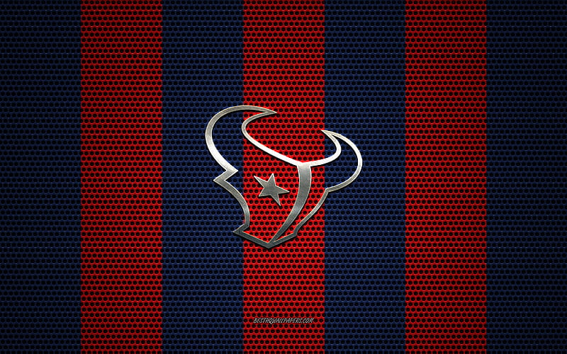 Houston Texans logo, American football club, metal emblem, red-blue metal mesh background, Houston Texans, NFL, Houston, Texas, USA, american football, HD wallpaper