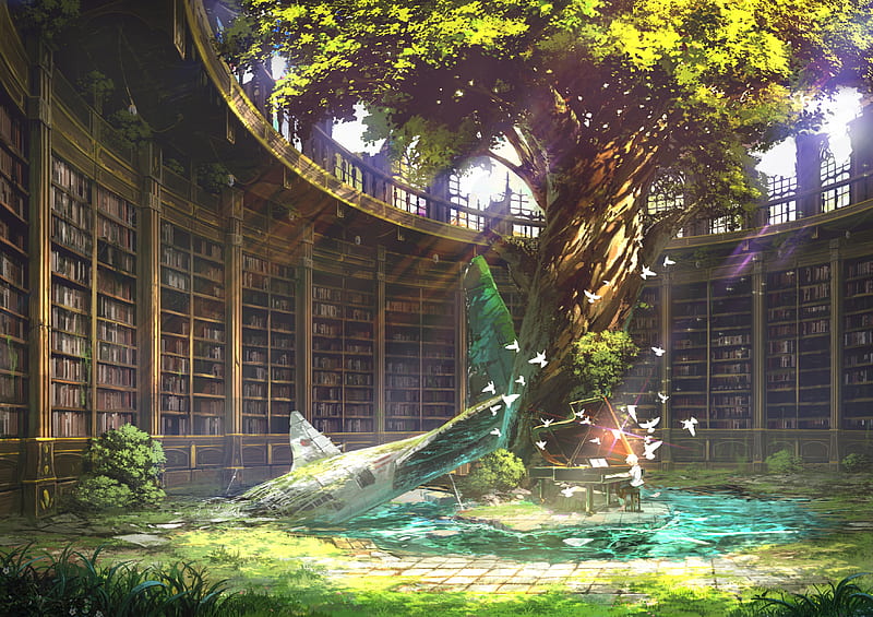 Old Library, fantasy, tree, library, anime, nature, orginal, old, HD wallpaper