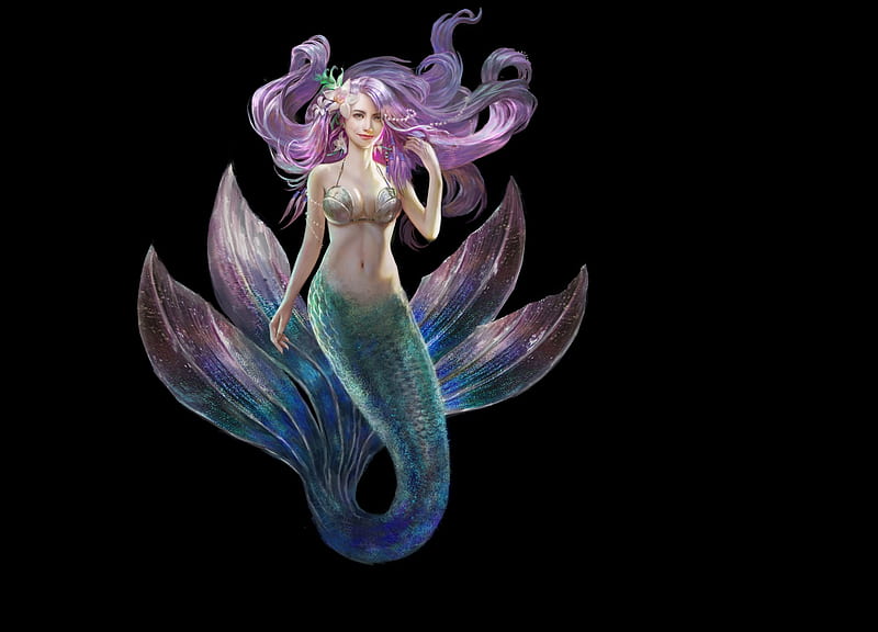 Mermaid, frumusete, luminos, fish, tail, black, pearl, vara, fantasy, flower, summer, siren, pink, blue, HD wallpaper