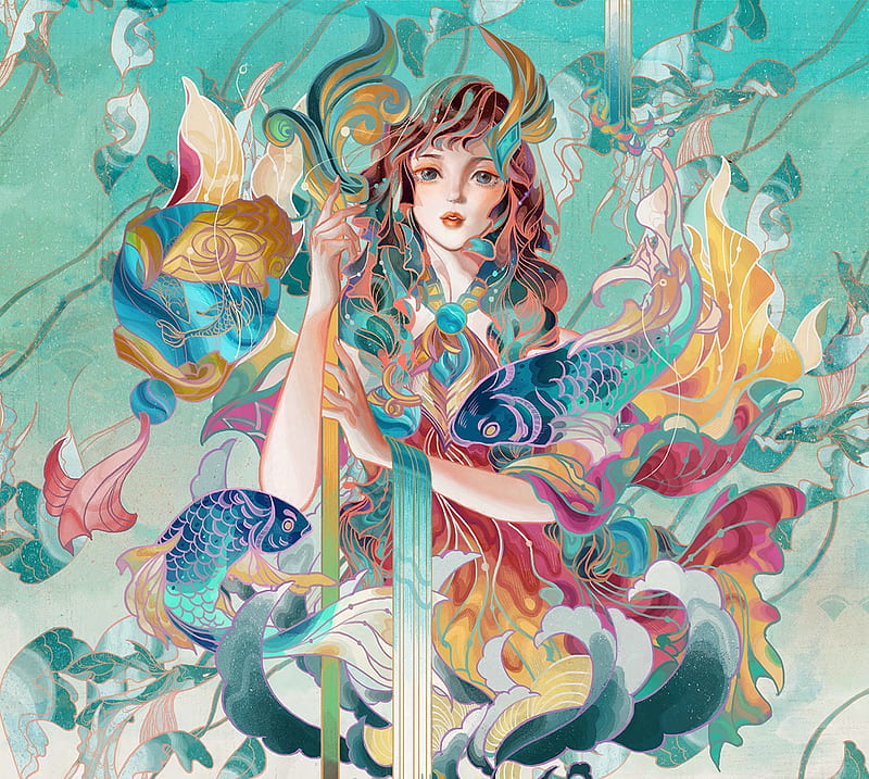 Zodiac ~ Pisces, vara, fantasy, girl, fish, luminos, pisces, summer ...