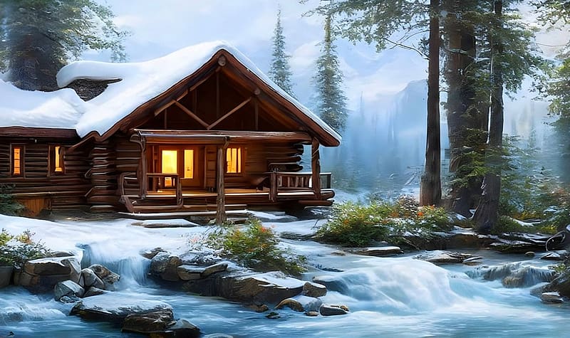 Winter cabin in the woods, fenyo, teli, haz, kabin, havas, fak, hegyek, HD wallpaper